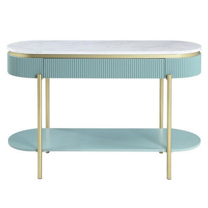 Benjara Ville 48 Inch Sofa Console Table, White Faux Marble Top, Teal Reeded Edge