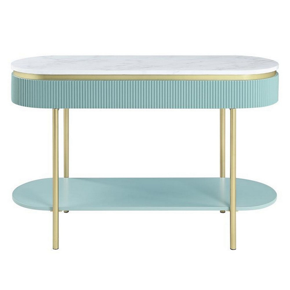 Benjara Ville 48 Inch Sofa Console Table, White Faux Marble Top, Teal Reeded Edge