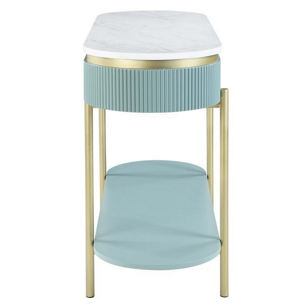 Benjara Ville 48 Inch Sofa Console Table, White Faux Marble Top, Teal Reeded Edge