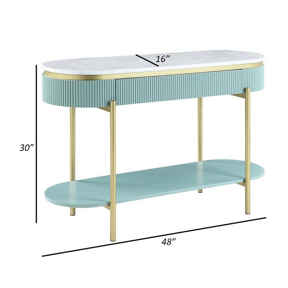 Benjara Ville 48 Inch Sofa Console Table, White Faux Marble Top, Teal Reeded Edge