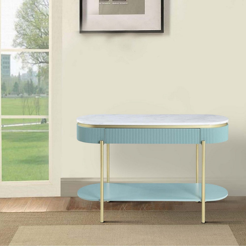 Benjara Ville 48 Inch Sofa Console Table, White Faux Marble Top, Teal Reeded Edge