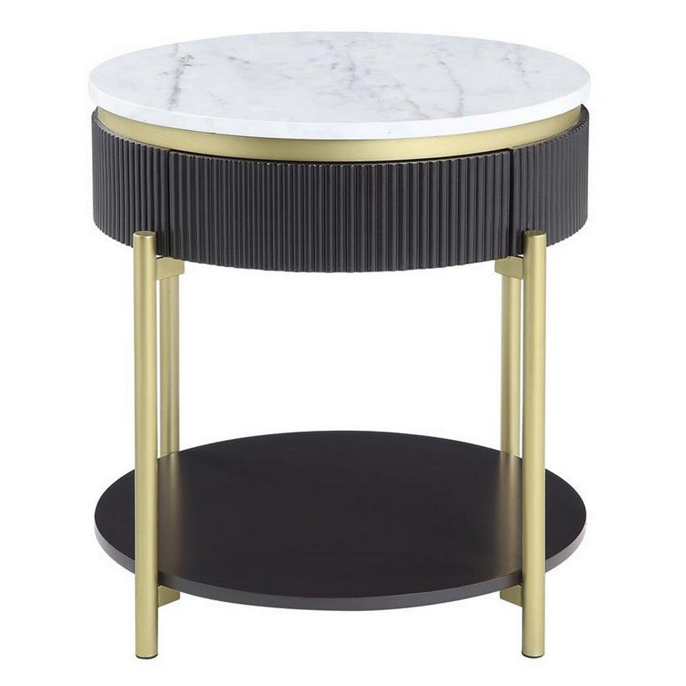 Benjara Ville 23 Inch Round Side End Table, White Faux Marble Top Brown Reeded Edge