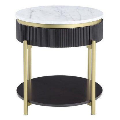 Benjara Ville 23 Inch Round Side End Table, White Faux Marble Top Brown Reeded Edge