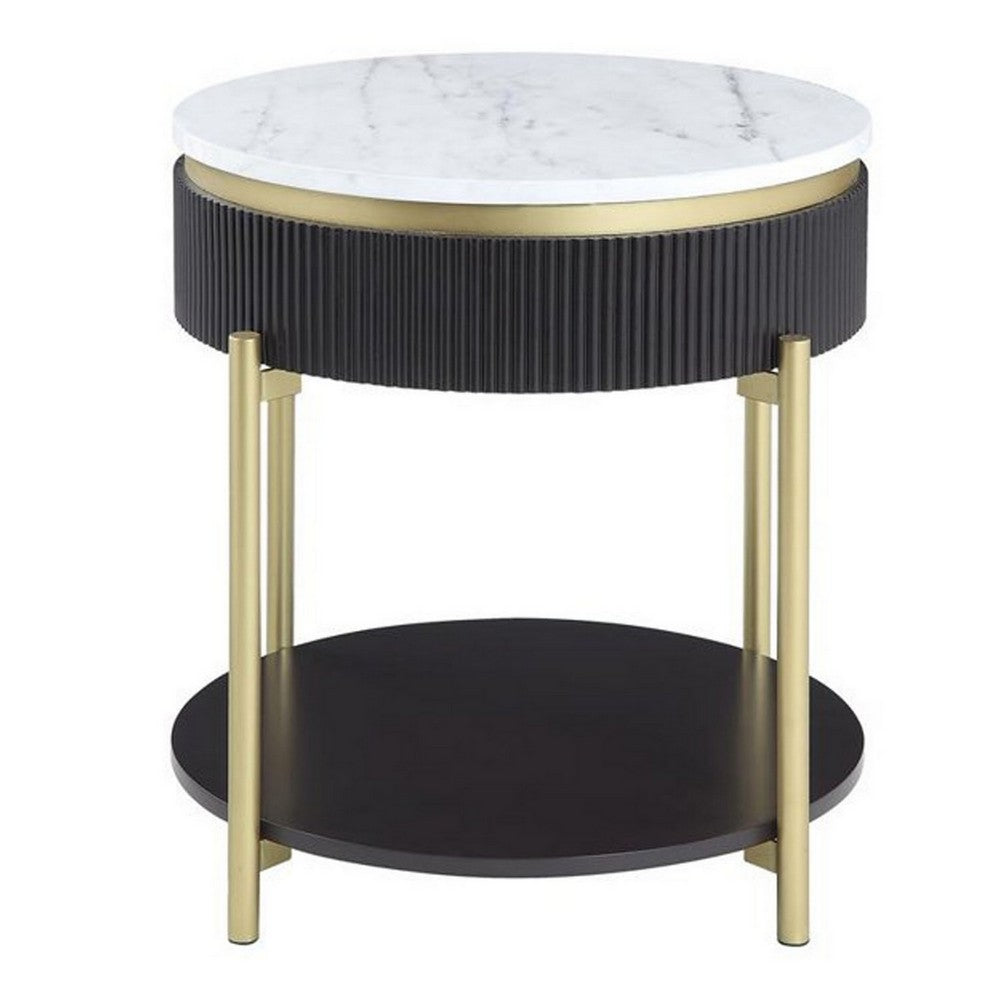 Benjara Ville 23 Inch Round Side End Table, White Faux Marble Top Brown Reeded Edge
