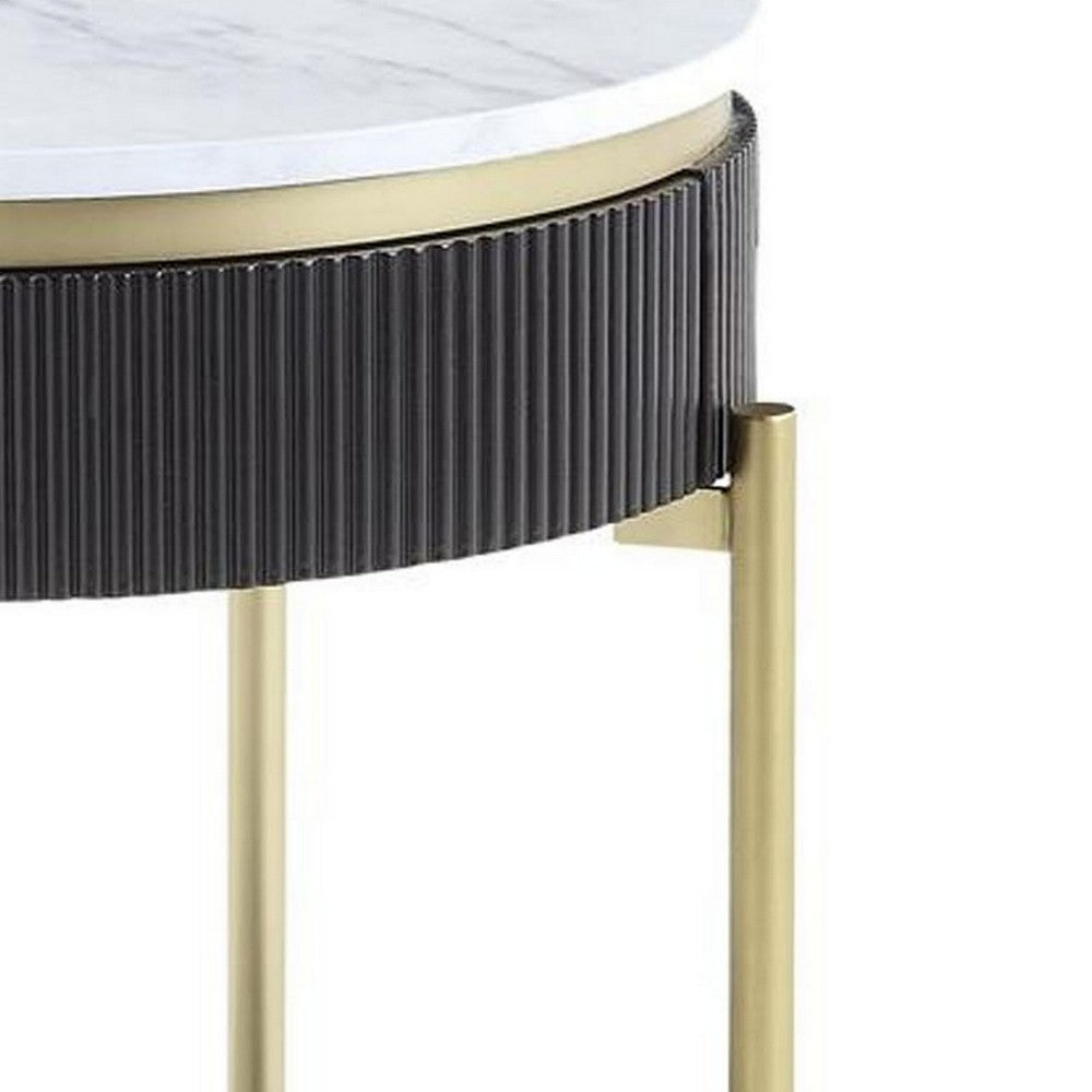 Benjara Ville 23 Inch Round Side End Table, White Faux Marble Top Brown Reeded Edge