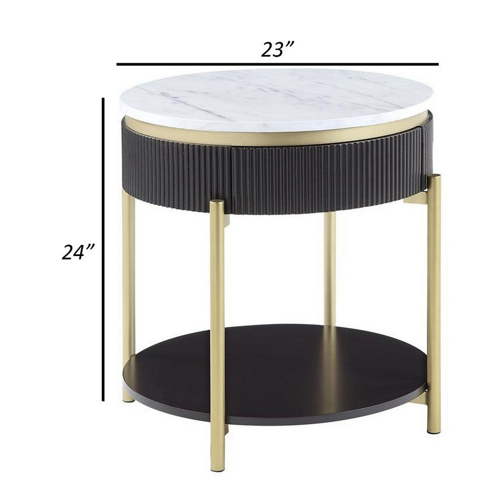 Benjara Ville 23 Inch Round Side End Table, White Faux Marble Top Brown Reeded Edge