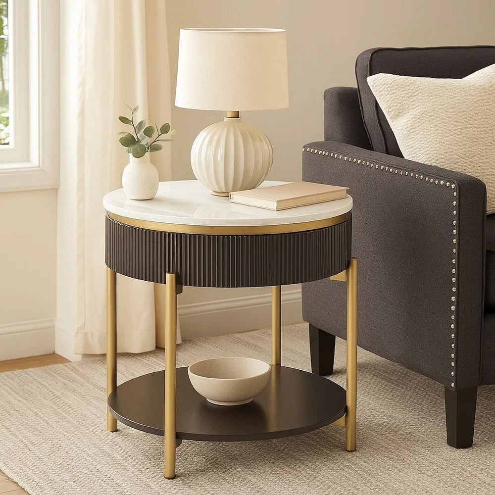 Benjara Ville 23 Inch Round Side End Table, White Faux Marble Top Brown Reeded Edge