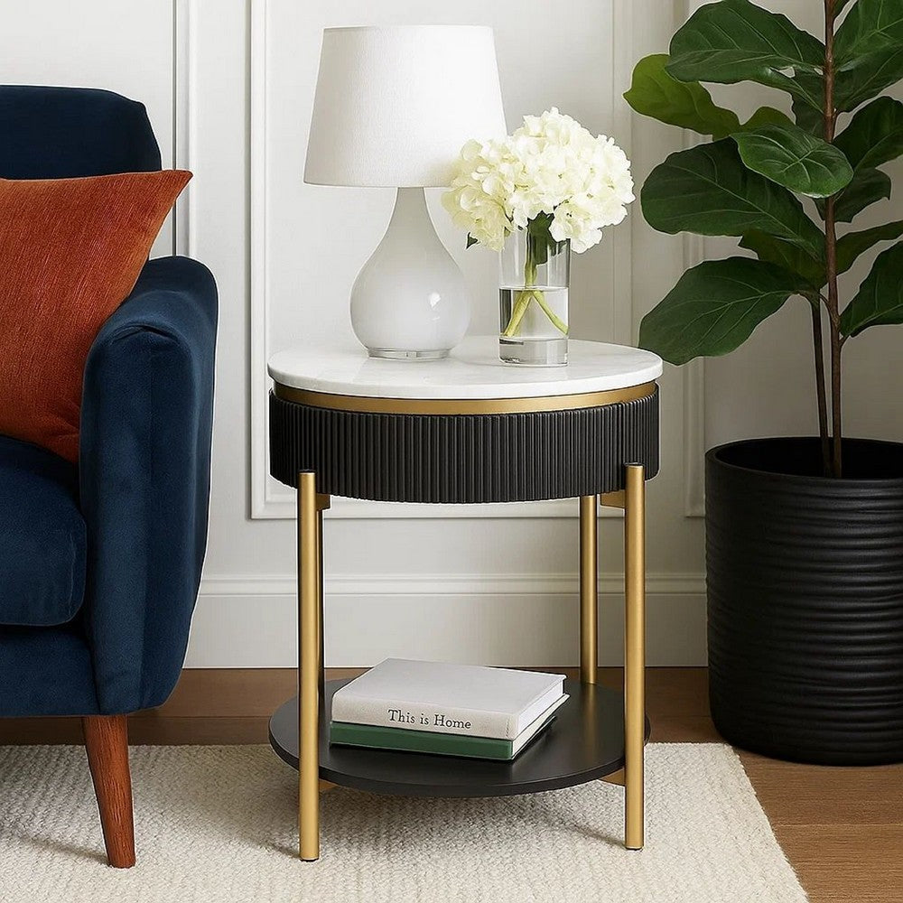 Benjara Ville 23 Inch Round Side End Table, White Faux Marble Top Brown Reeded Edge