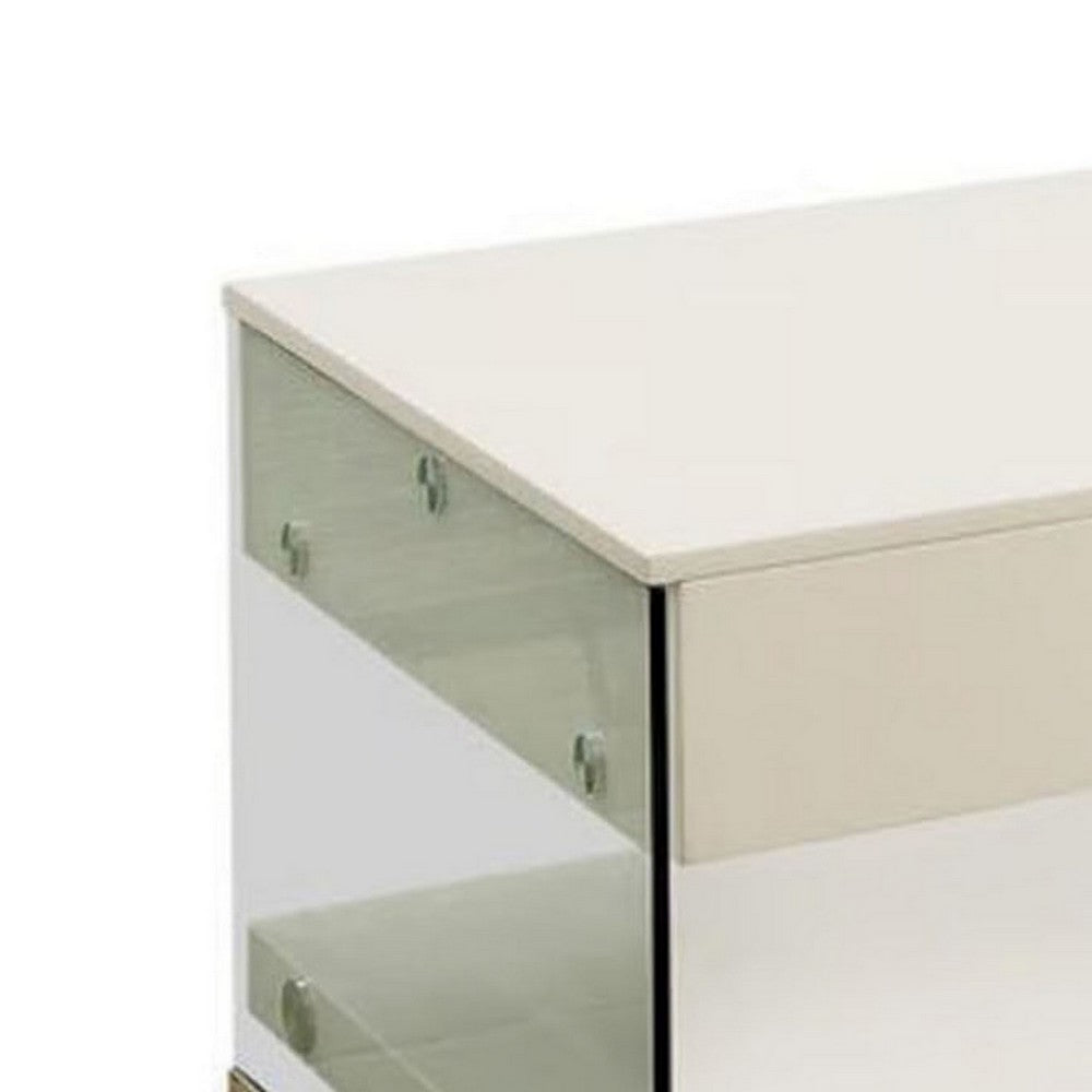 Benjara Stub 47 Inch Coffee Table, Glossy White Wood, Glass Side Panels, 1 Drawer