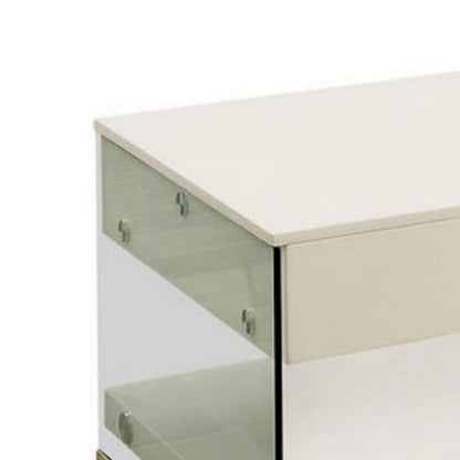 Benjara Stub 47 Inch Coffee Table, Glossy White Wood, Glass Side Panels, 1 Drawer