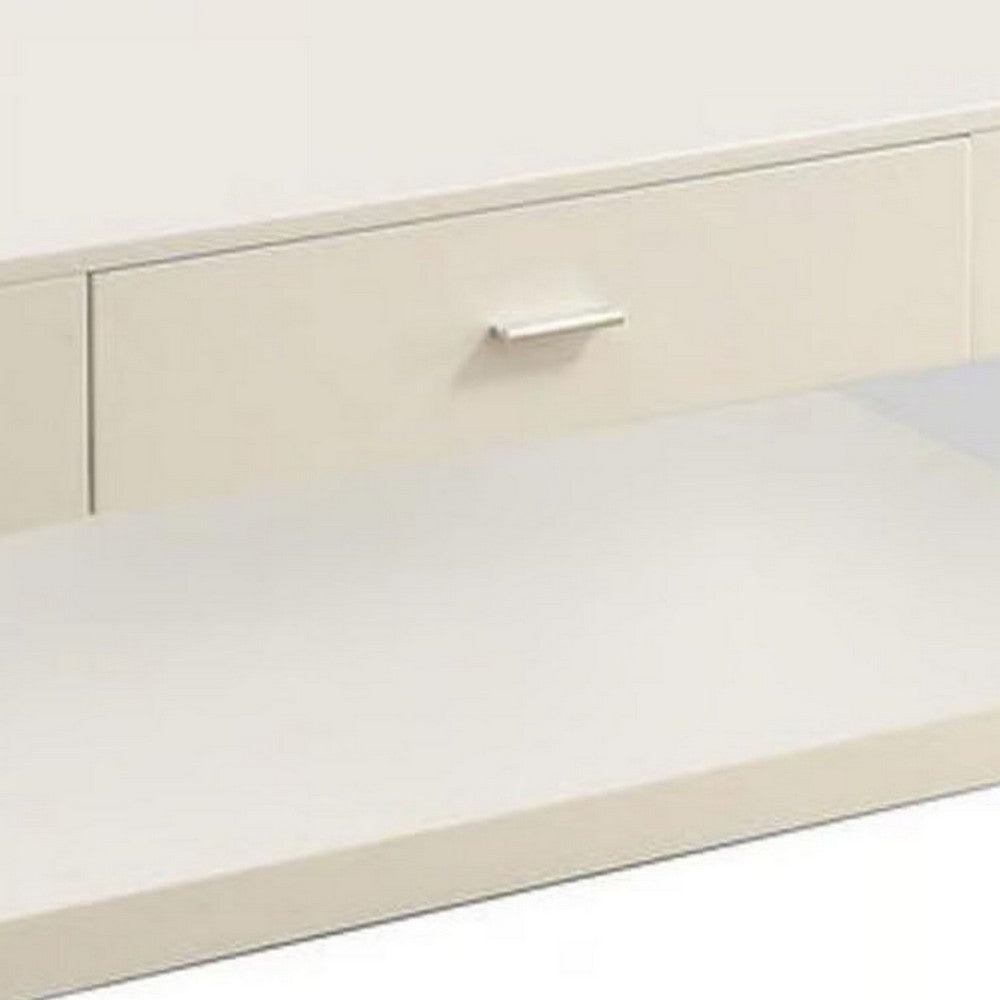 Benjara Stub 47 Inch Coffee Table, Glossy White Wood, Glass Side Panels, 1 Drawer