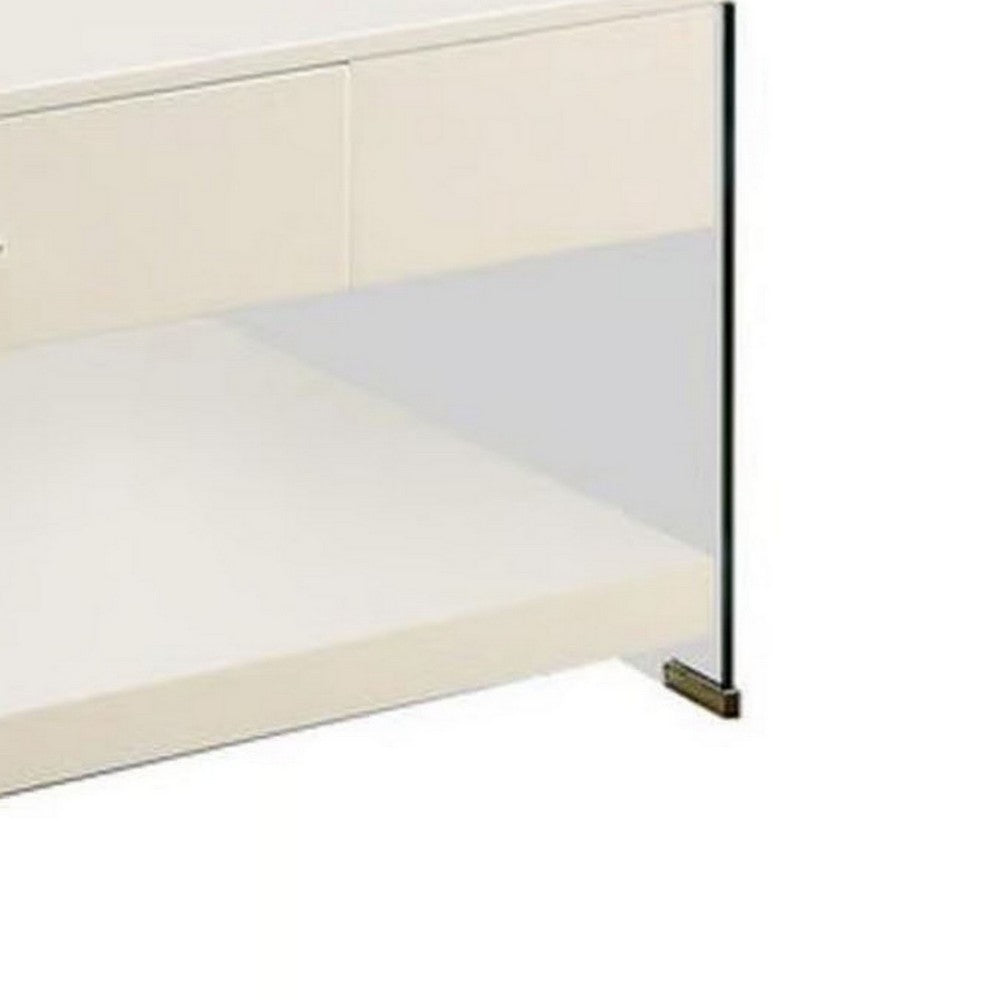 Benjara Stub 47 Inch Coffee Table, Glossy White Wood, Glass Side Panels, 1 Drawer