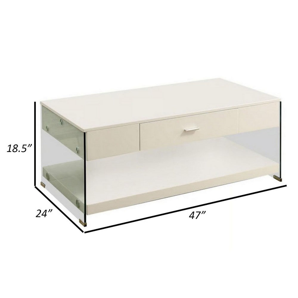 Benjara Stub 47 Inch Coffee Table, Glossy White Wood, Glass Side Panels, 1 Drawer