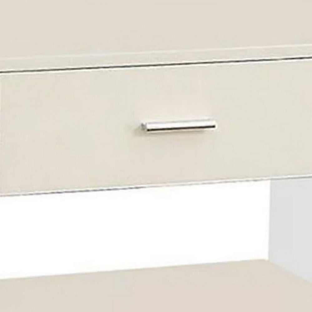 Benjara Stub 23 Inch Side End Table, Glossy White Wood, Glass Side Panels, 1 Drawer