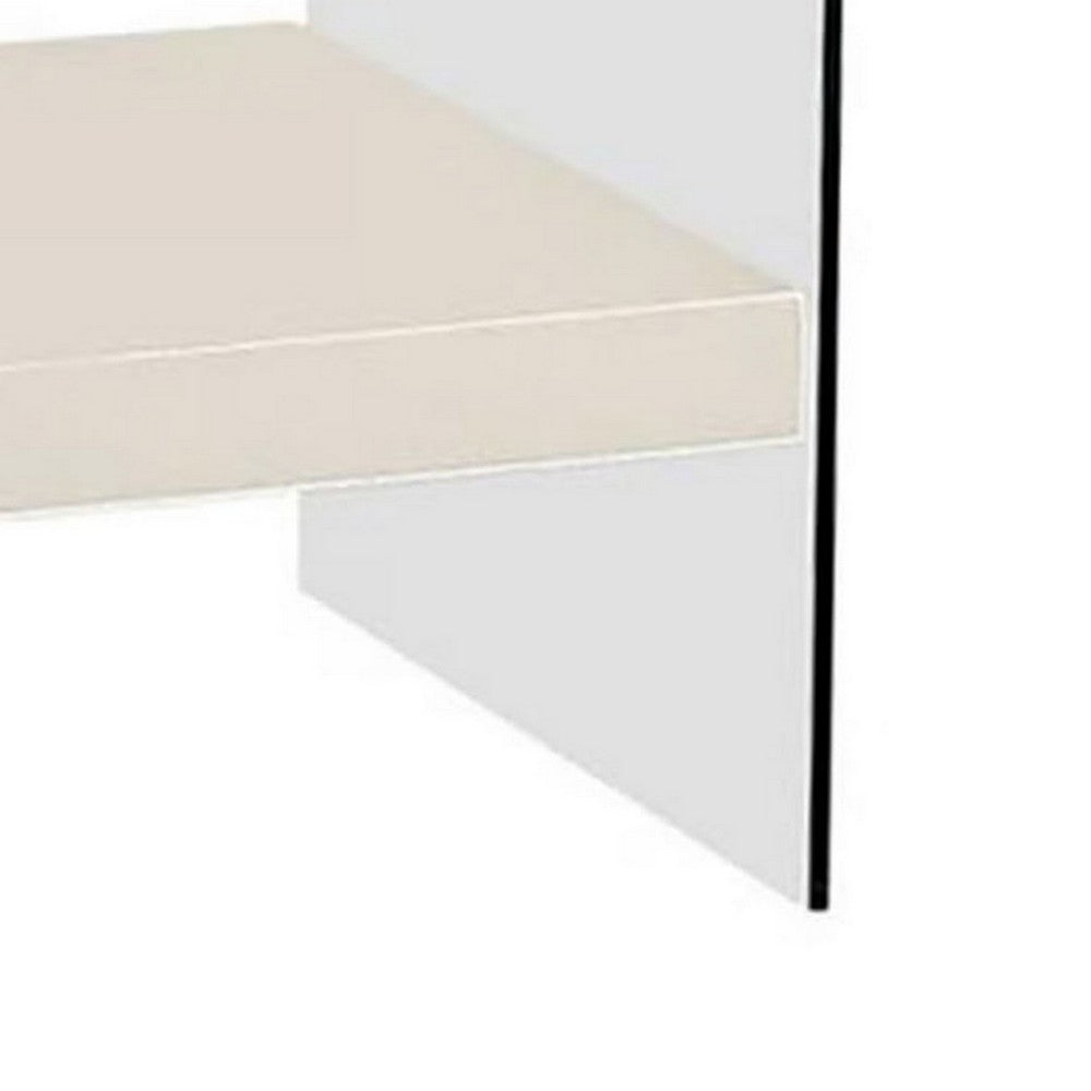 Benjara Stub 23 Inch Side End Table, Glossy White Wood, Glass Side Panels, 1 Drawer