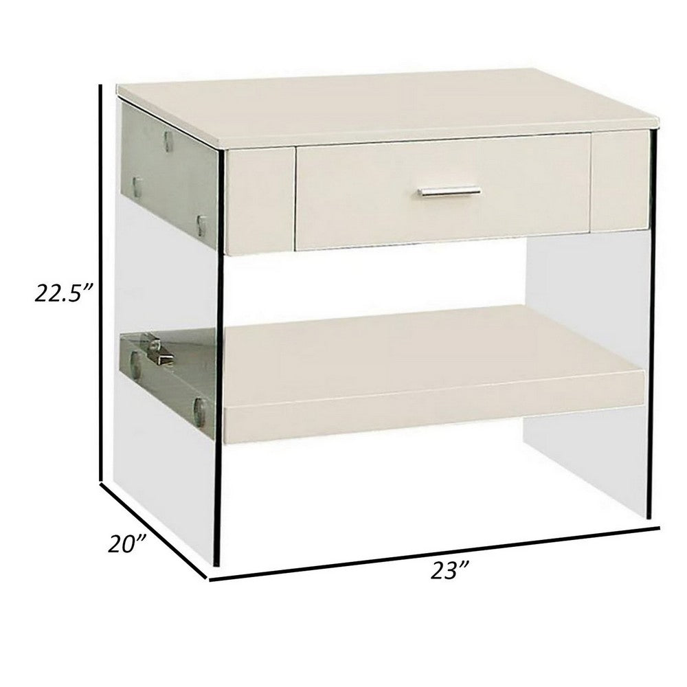 Benjara Stub 23 Inch Side End Table, Glossy White Wood, Glass Side Panels, 1 Drawer