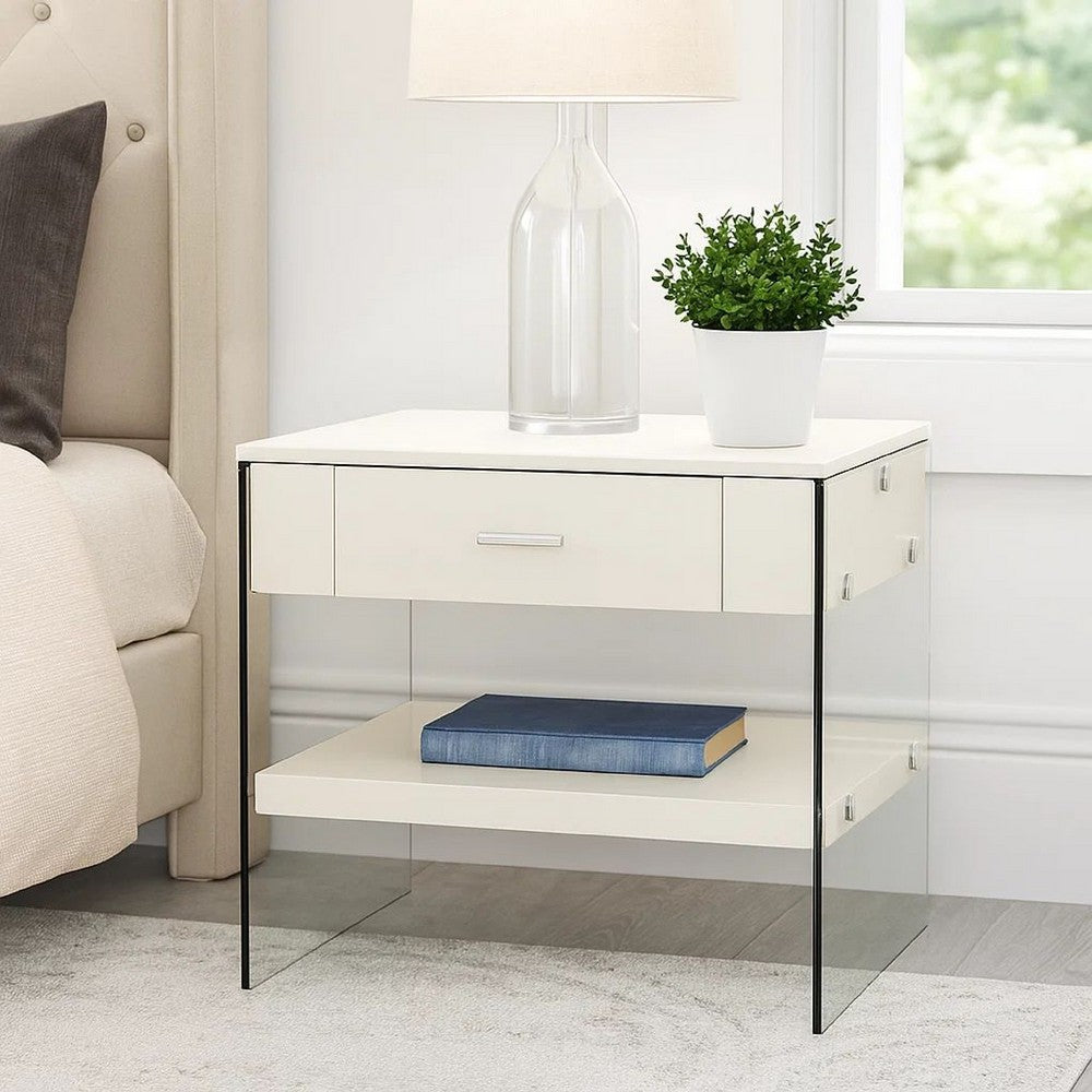 Benjara Stub 23 Inch Side End Table, Glossy White Wood, Glass Side Panels, 1 Drawer