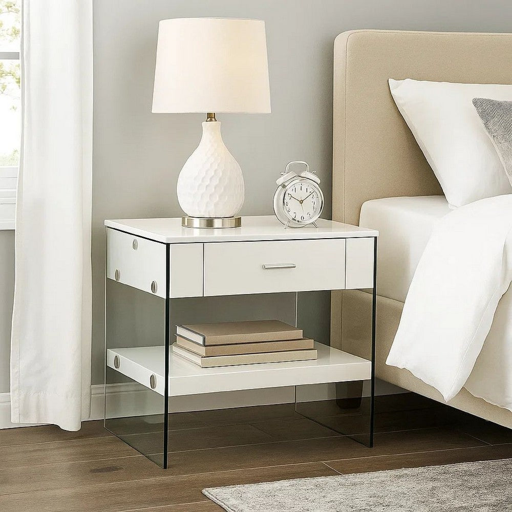 Benjara Stub 23 Inch Side End Table, Glossy White Wood, Glass Side Panels, 1 Drawer