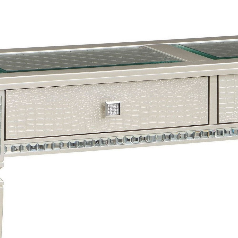 Benjara Trace 48 Inch Sofa Console Table, Glass Top, 2 Drawers, Mirror Inserts