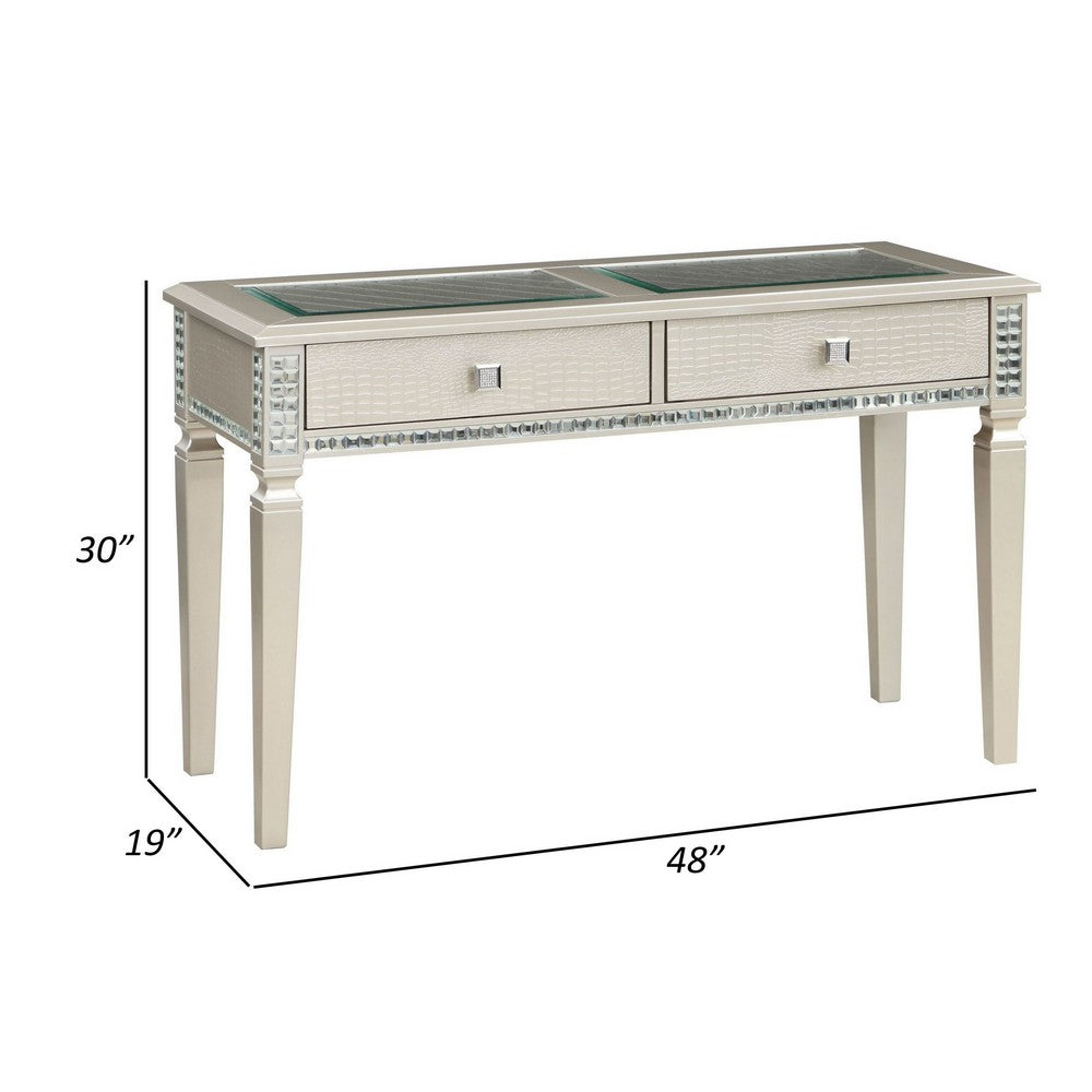 Benjara Trace 48 Inch Sofa Console Table, Glass Top, 2 Drawers, Mirror Inserts