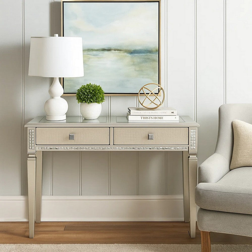 Benjara Trace 48 Inch Sofa Console Table, Glass Top, 2 Drawers, Mirror Inserts