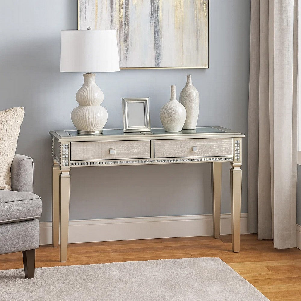 Benjara Trace 48 Inch Sofa Console Table, Glass Top, 2 Drawers, Mirror Inserts