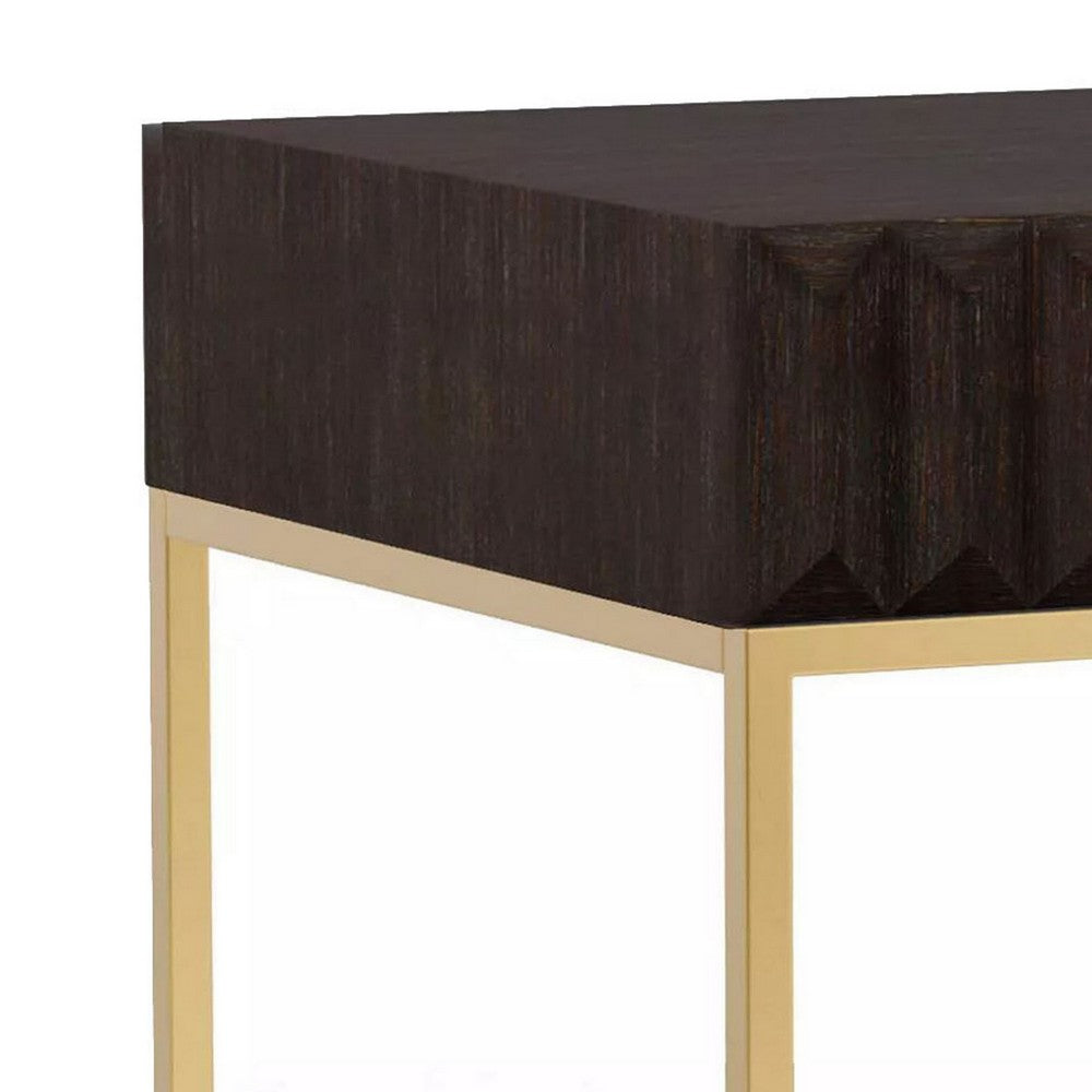Benjara Bran 23 Inch Square Side End Table, Brown Wood, Gold Steel Base, 1 Drawer
