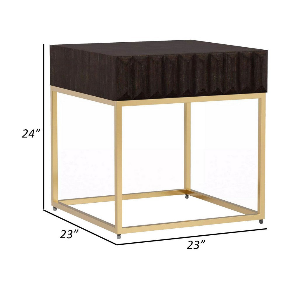 Benjara Bran 23 Inch Square Side End Table, Brown Wood, Gold Steel Base, 1 Drawer