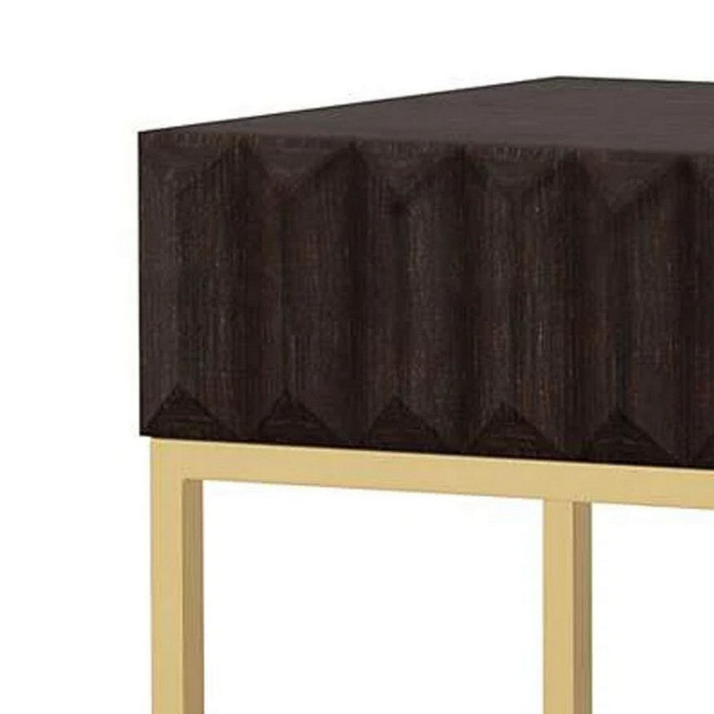 Benjara Bran 24 Inch Modern Side End Table, Brown Wood, Gold Steel Base, 1 Drawer