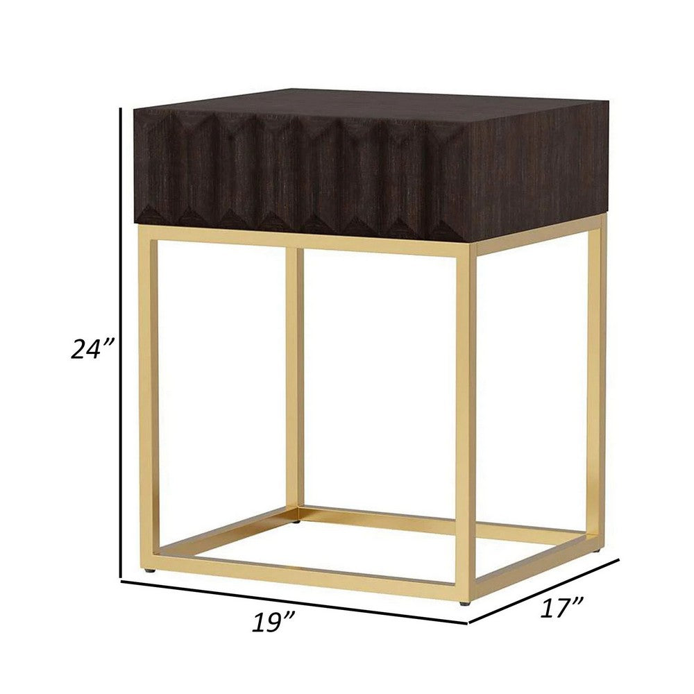Benjara Bran 24 Inch Modern Side End Table, Brown Wood, Gold Steel Base, 1 Drawer