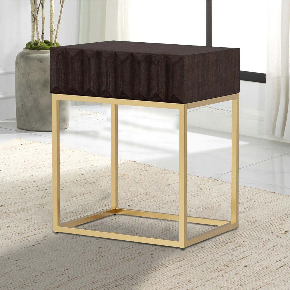 Benjara Bran 24 Inch Modern Side End Table, Brown Wood, Gold Steel Base, 1 Drawer