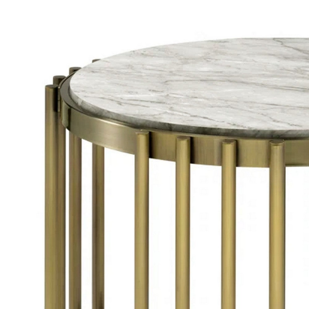 Benjara Kein 26 Inch Round Side End Table, White Faux Marble Top, Brass Steel Frame