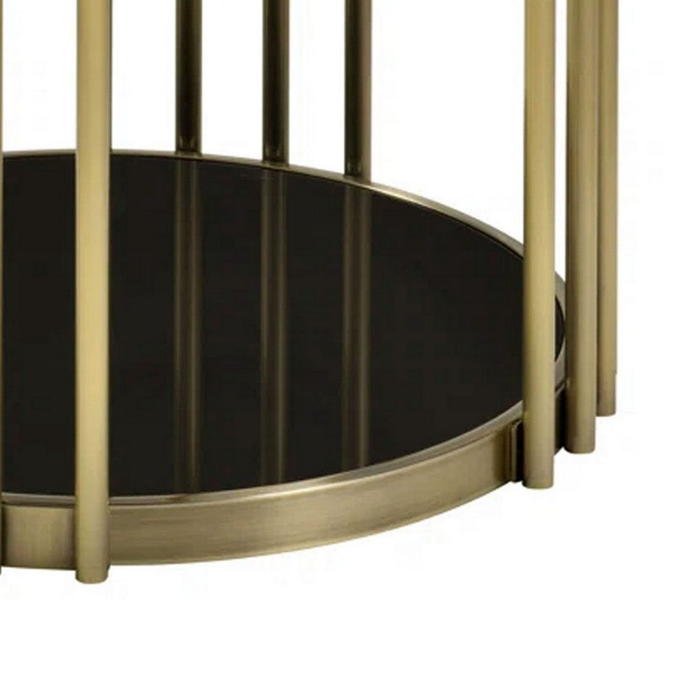 Benjara Kein 26 Inch Round Side End Table, White Faux Marble Top, Brass Steel Frame