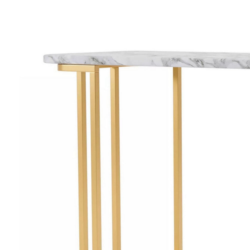 Benjara Hume 47 Inch Sofa Console Table, White Faux Marble, Geometric Gold Steel