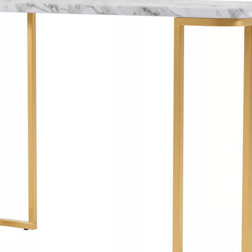 Benjara Hume 47 Inch Sofa Console Table, White Faux Marble, Geometric Gold Steel
