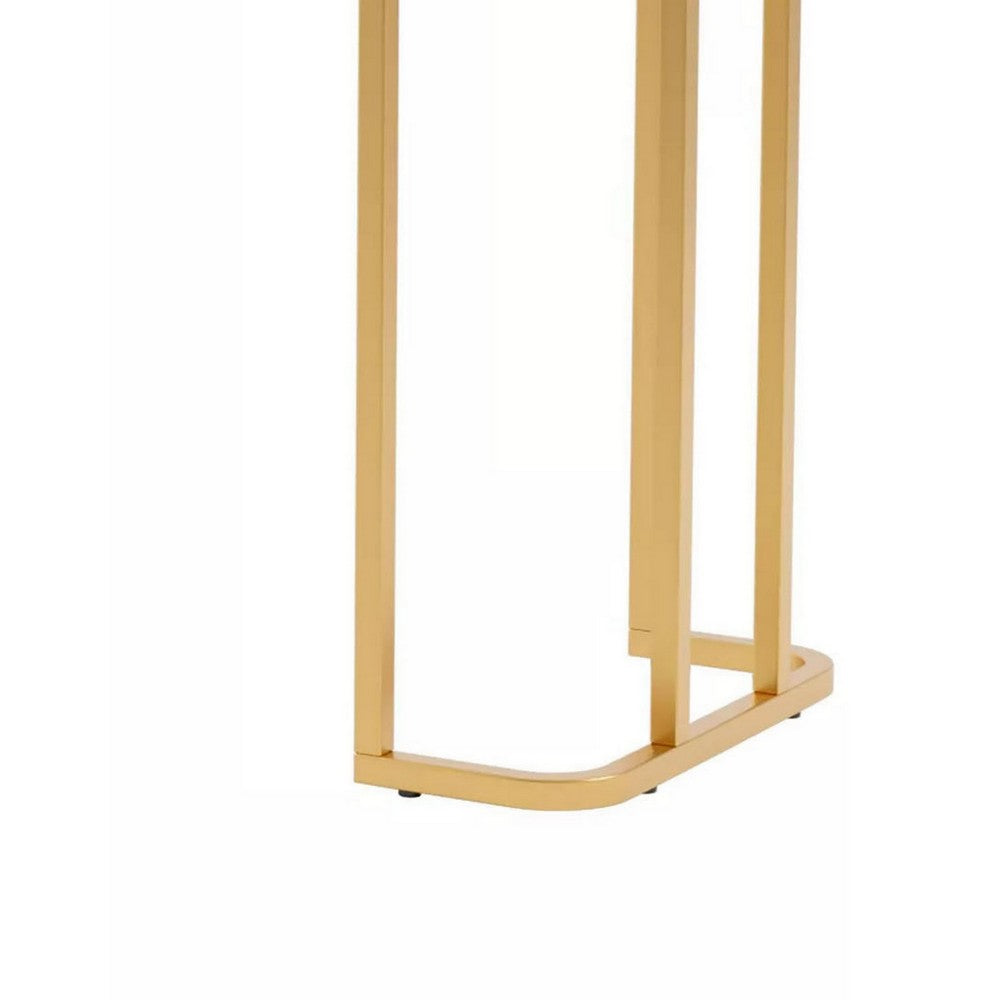 Benjara Hume 47 Inch Sofa Console Table, White Faux Marble, Geometric Gold Steel
