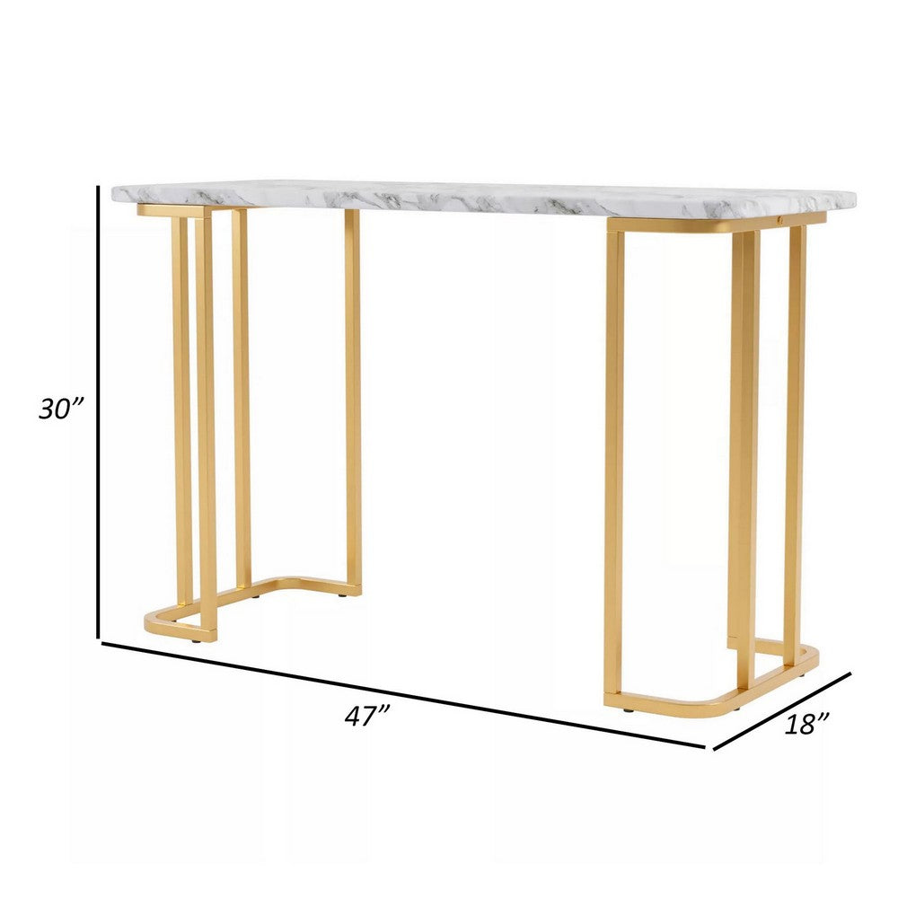 Benjara Hume 47 Inch Sofa Console Table, White Faux Marble, Geometric Gold Steel