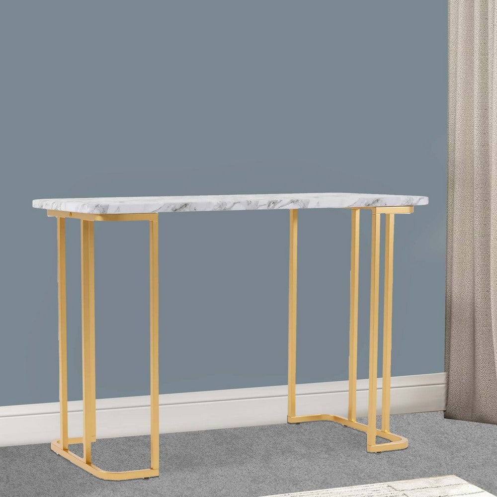 Benjara Hume 47 Inch Sofa Console Table, White Faux Marble, Geometric Gold Steel