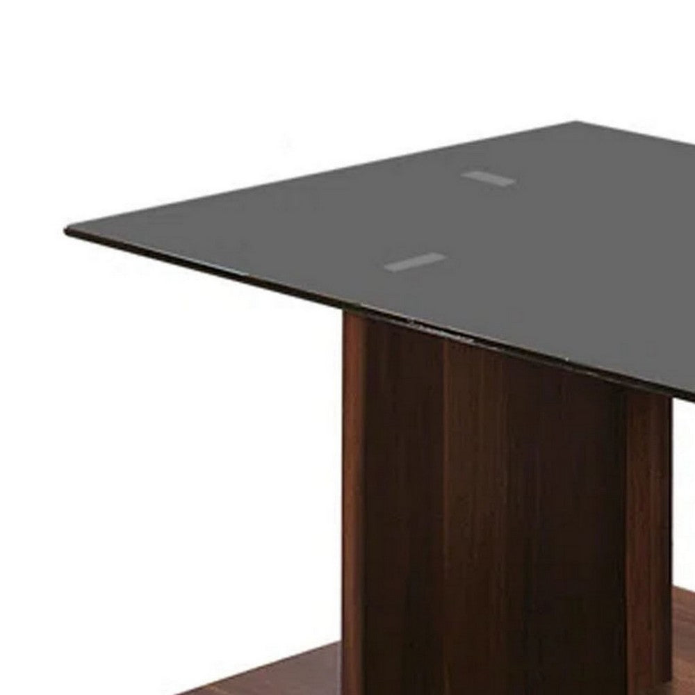 Benjara Liam 47 Inch Rectangular Coffee Table, Brown Wood, Pedestal Base, Glass Top