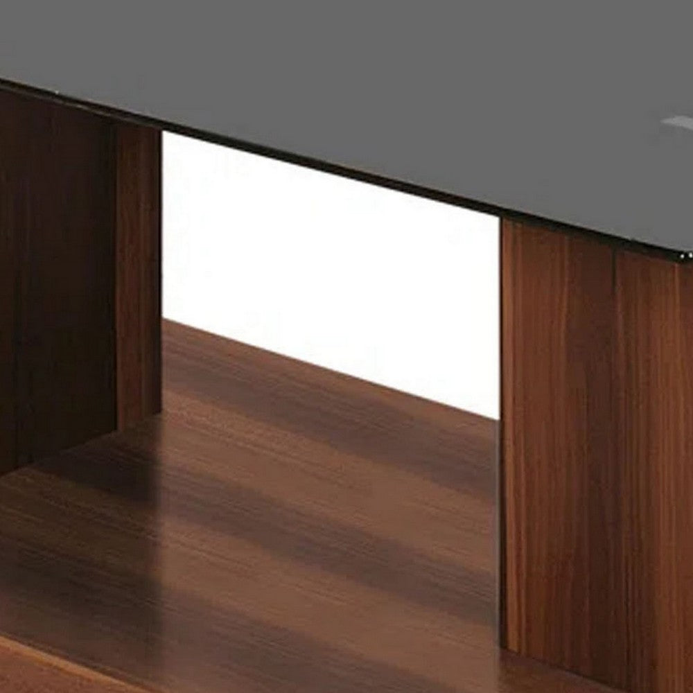 Benjara Liam 47 Inch Rectangular Coffee Table, Brown Wood, Pedestal Base, Glass Top