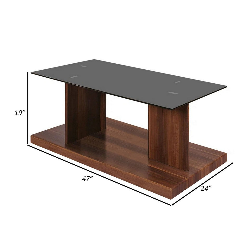 Benjara Liam 47 Inch Rectangular Coffee Table, Brown Wood, Pedestal Base, Glass Top