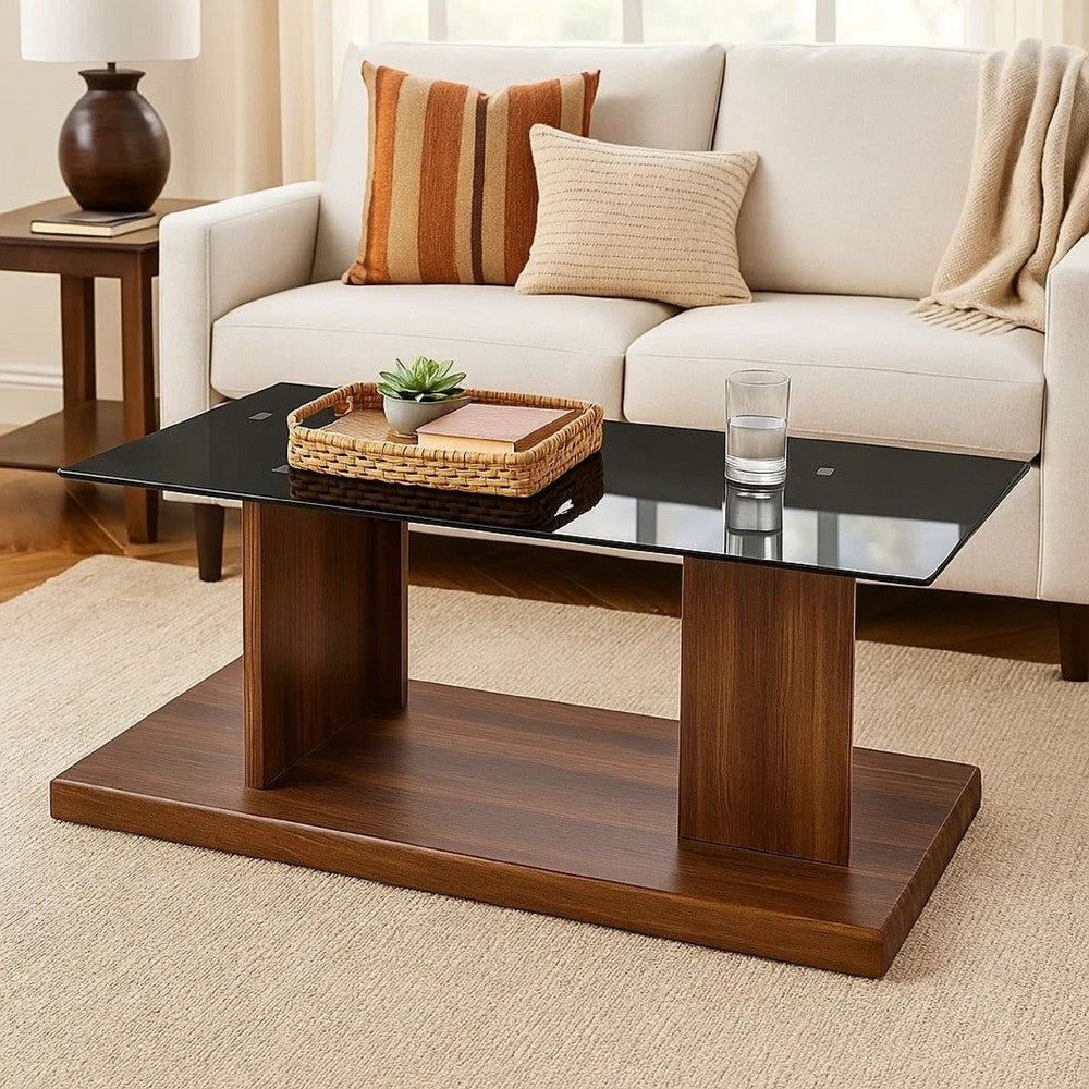 Benjara Liam 47 Inch Rectangular Coffee Table, Brown Wood, Pedestal Base, Glass Top
