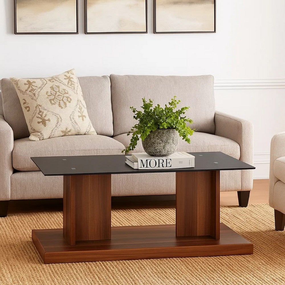 Benjara Liam 47 Inch Rectangular Coffee Table, Brown Wood, Pedestal Base, Glass Top