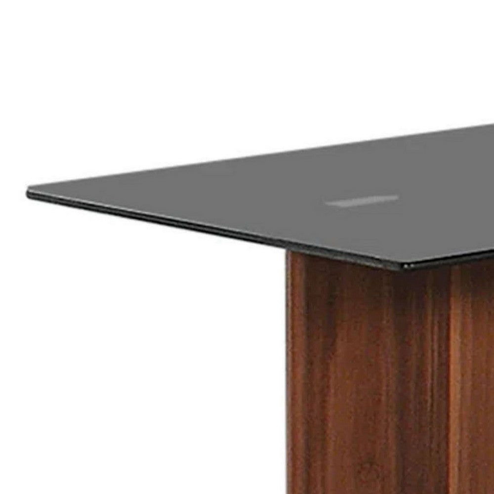 Benjara Liam 22 Inch Square Side End Table, Brown Wood, Pedestal Base, Glass Top