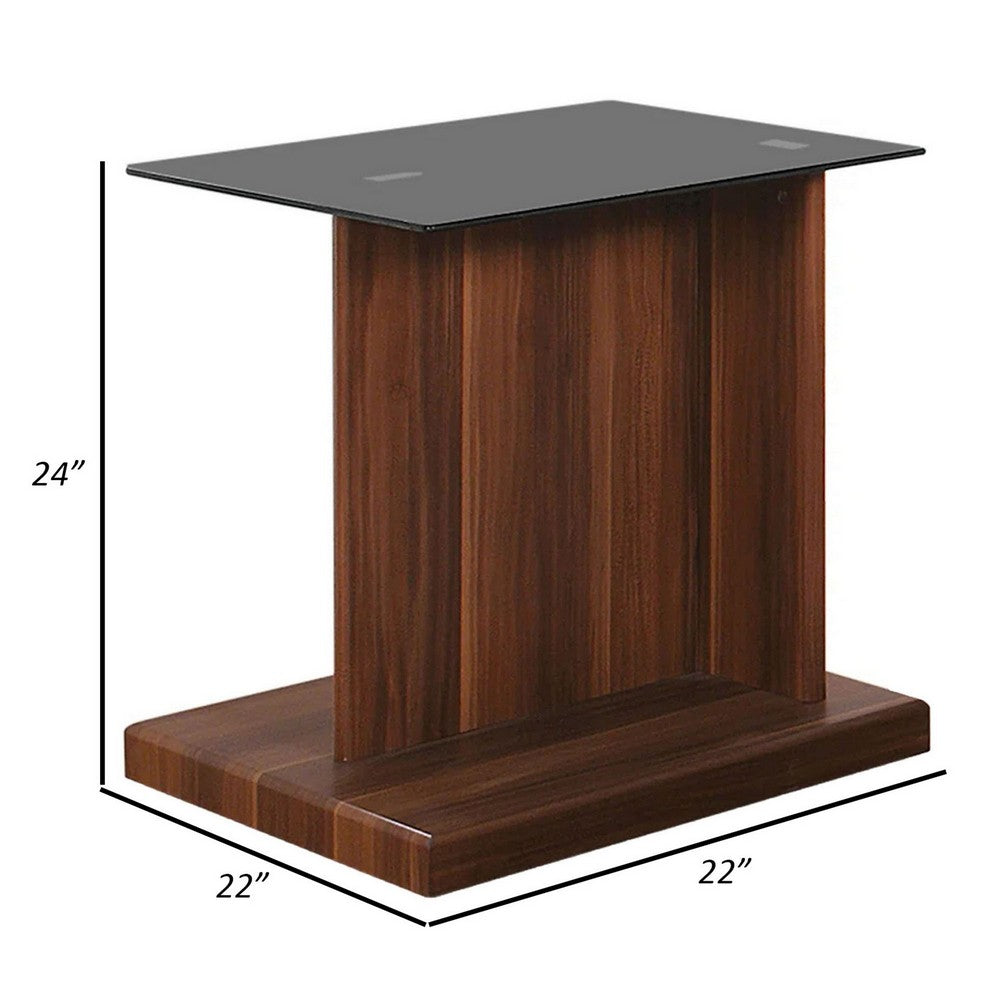 Benjara Liam 22 Inch Square Side End Table, Brown Wood, Pedestal Base, Glass Top