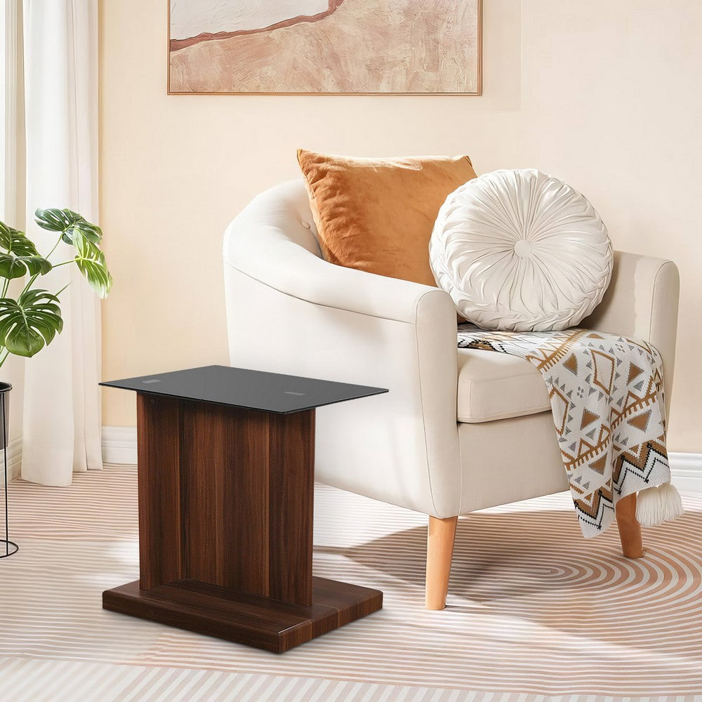 Benjara Liam 22 Inch Square Side End Table, Brown Wood, Pedestal Base, Glass Top