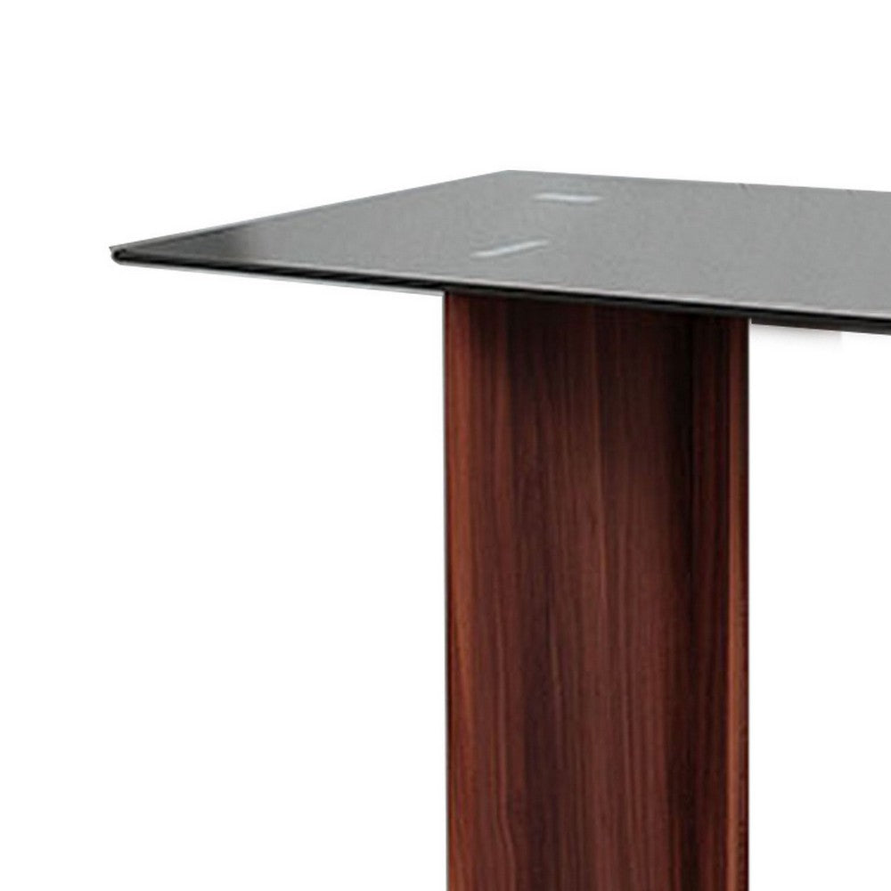 Benjara Liam 47 Inch Sofa Console Table, Brown Wood, Pedestal Base, Black Glass Top