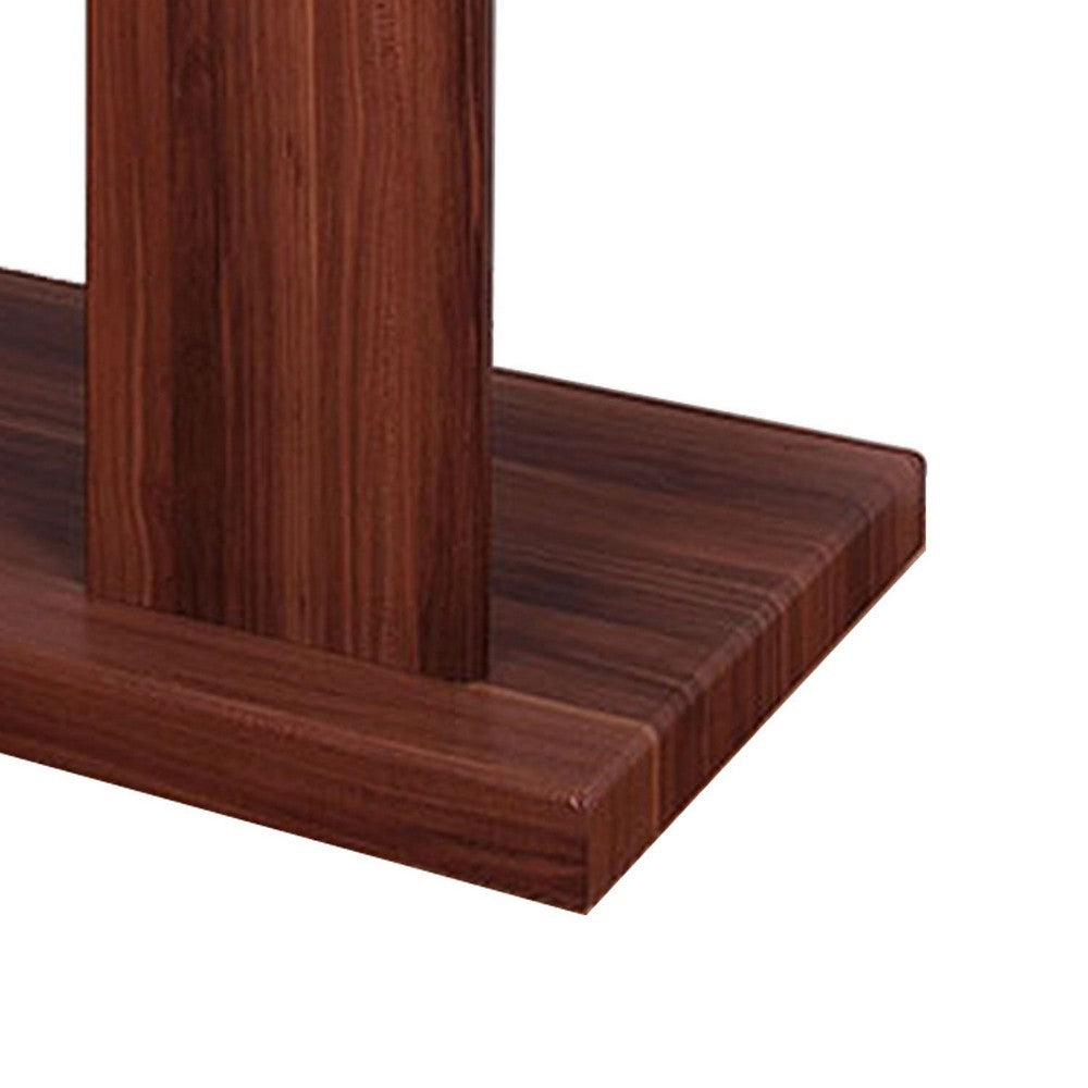 Benjara Liam 47 Inch Sofa Console Table, Brown Wood, Pedestal Base, Black Glass Top