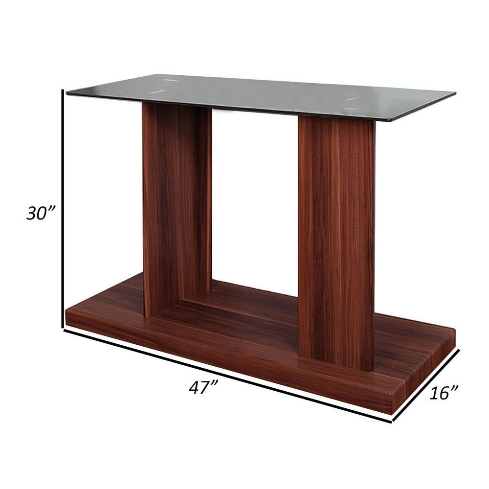 Benjara Liam 47 Inch Sofa Console Table, Brown Wood, Pedestal Base, Black Glass Top
