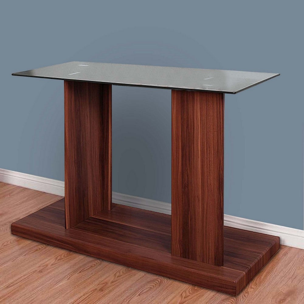 Benjara Liam 47 Inch Sofa Console Table, Brown Wood, Pedestal Base, Black Glass Top